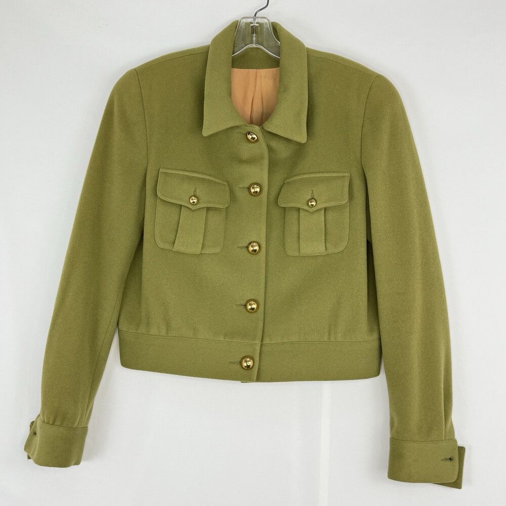 Vintage Olive Green Wool Blend Cropped Jacket Women’s Sz 8 Gold Button Military